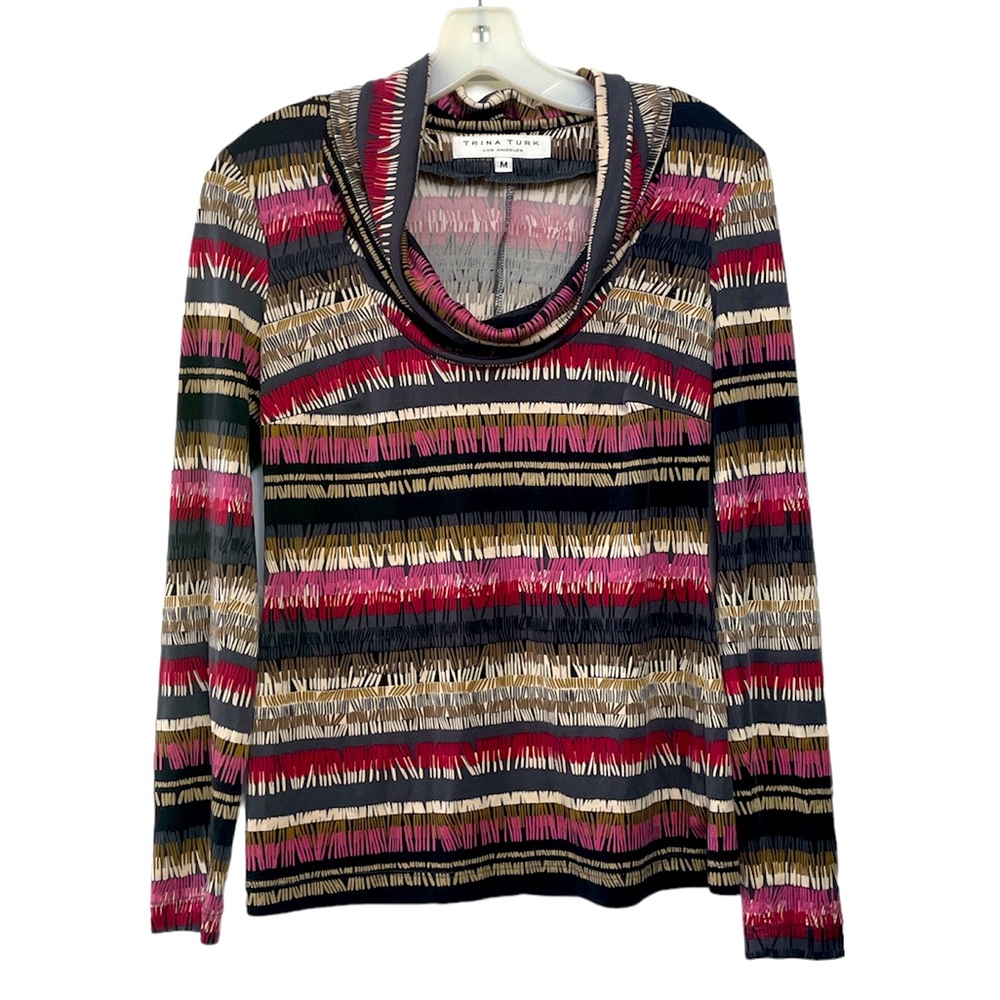 Trina Turk Silk Top Cowl Neck Long Sleeve Striped Size Medium